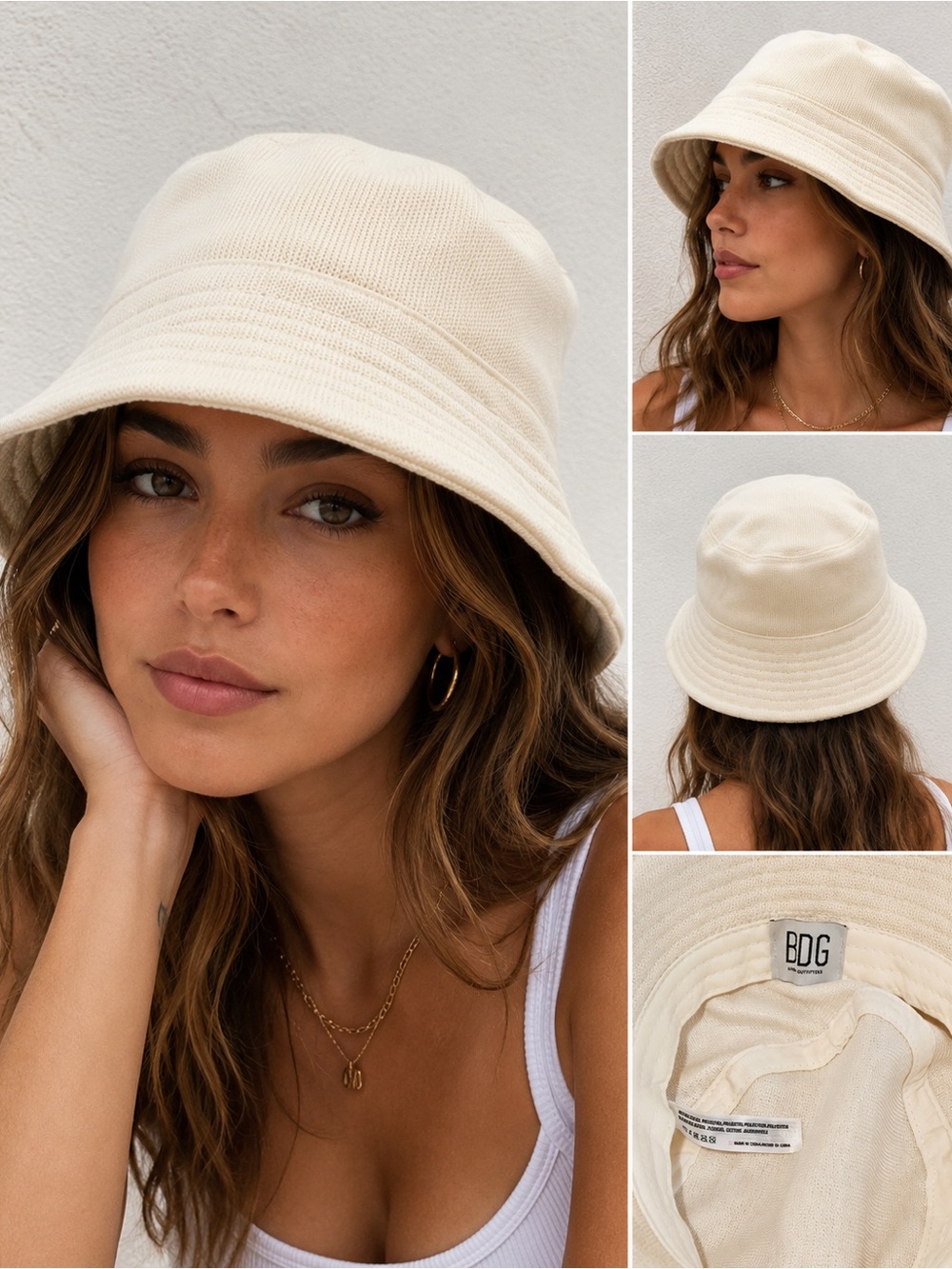 BDG Urban Outfitters Cream Knit Bucket Hat One Size Minimalist Casual